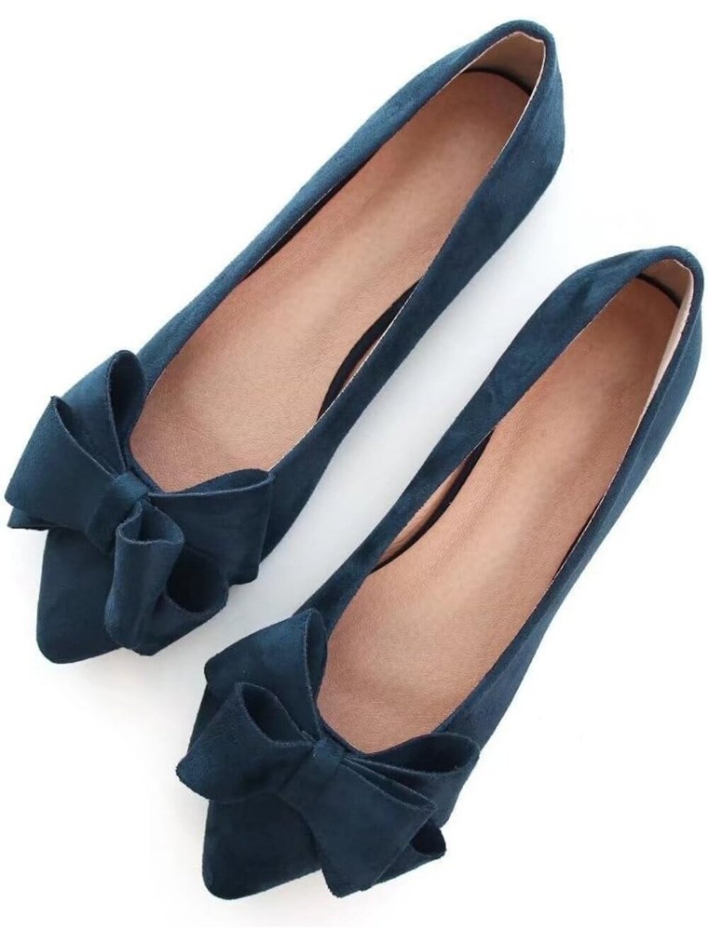 Women's Blue Suede Fashion Bowknot Flats Comfort Pointed Toe Casual Dressy Shoes